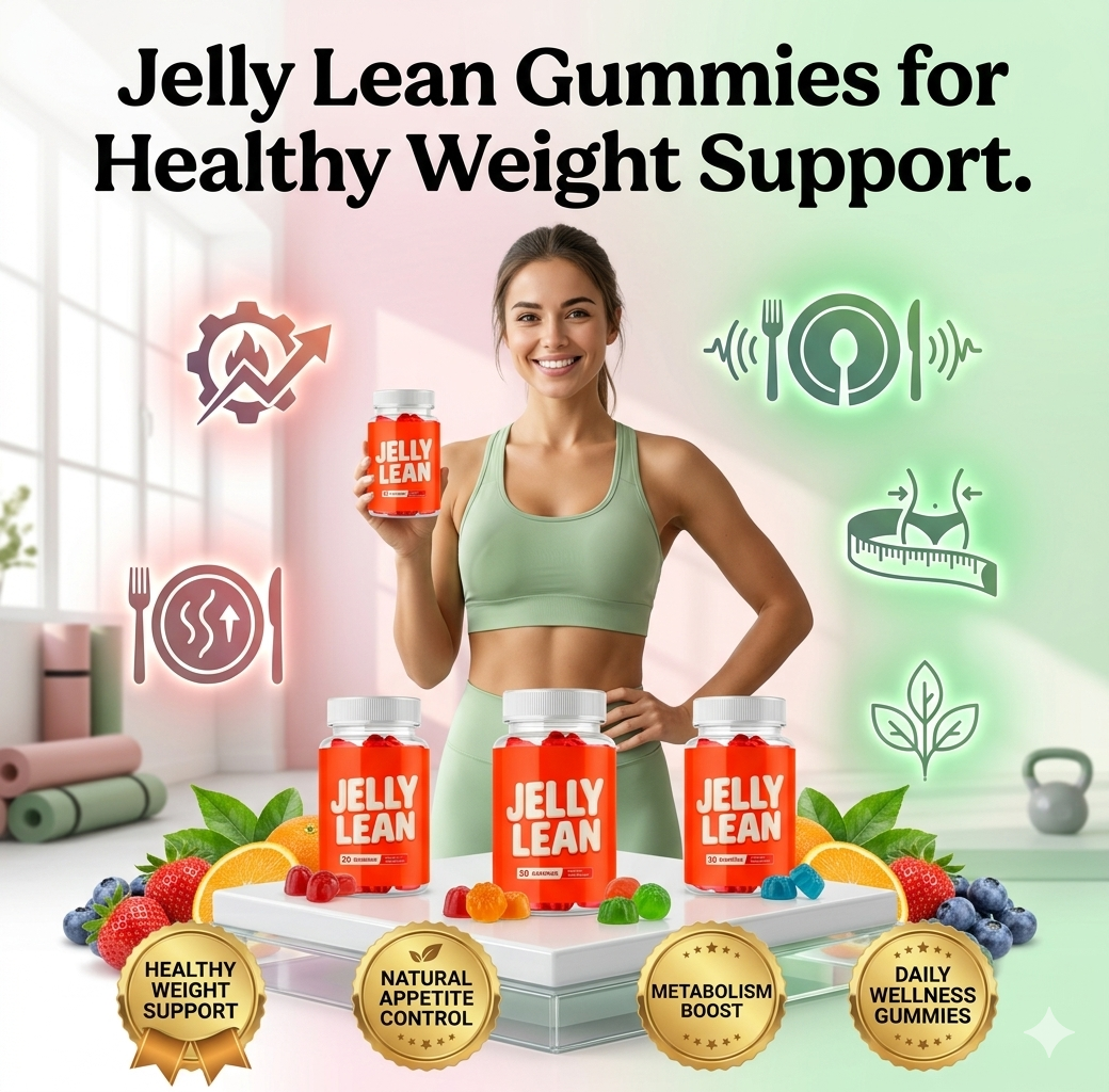 Jelly Lean Gummies bottles surrounded by fresh fruit and wellness icons